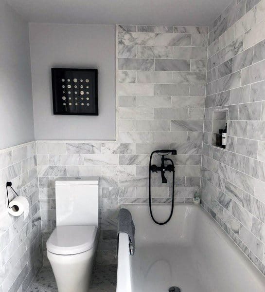 gray tile shower white tub modern bathroom 