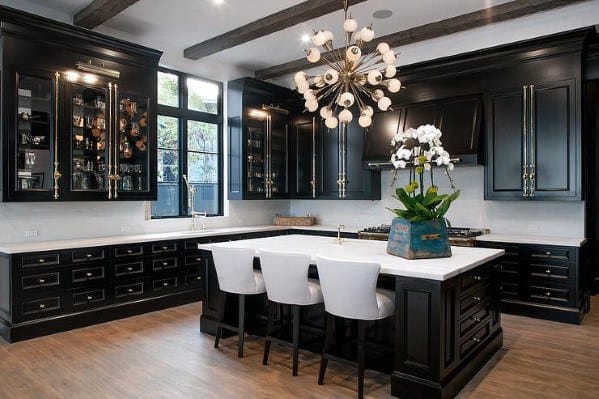 luxury black cabinet kitchen white chairs sputnik chandelier