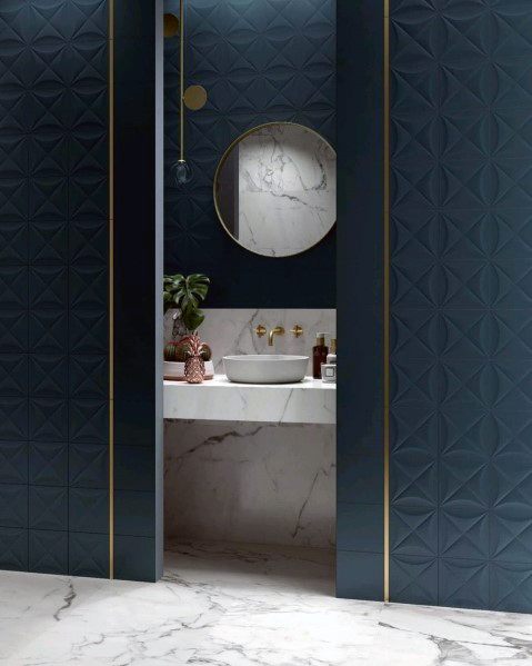 textured blue tiles bathroom