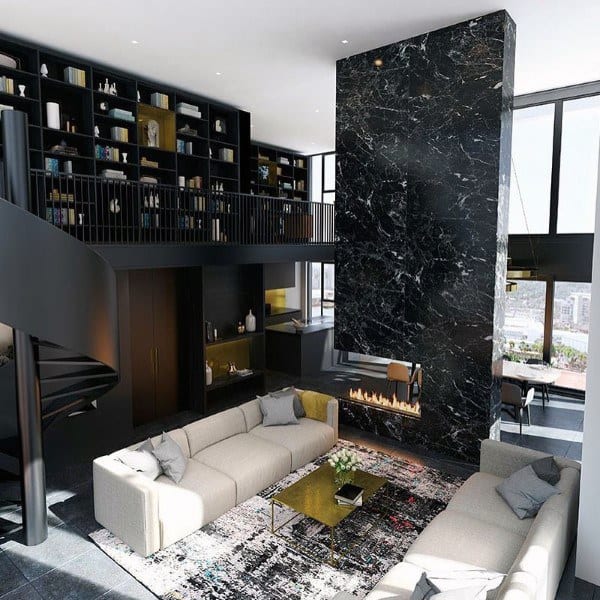 modern living room black marble fireplace white couch bookshelf 