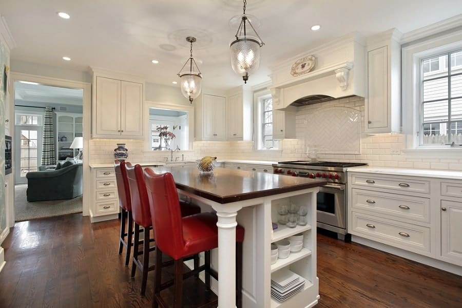 luxury country kitchen white cabinets red chairs 