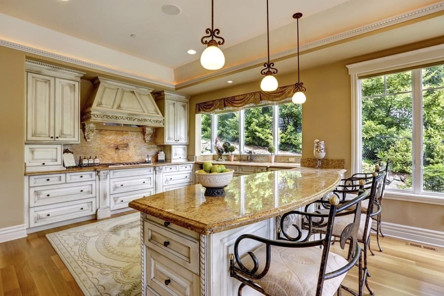 elegant rustic kitchen white wood cabinets polished granite island countertop 