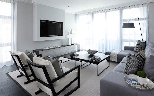 gray sectional sofa modern living room wall mounted tv