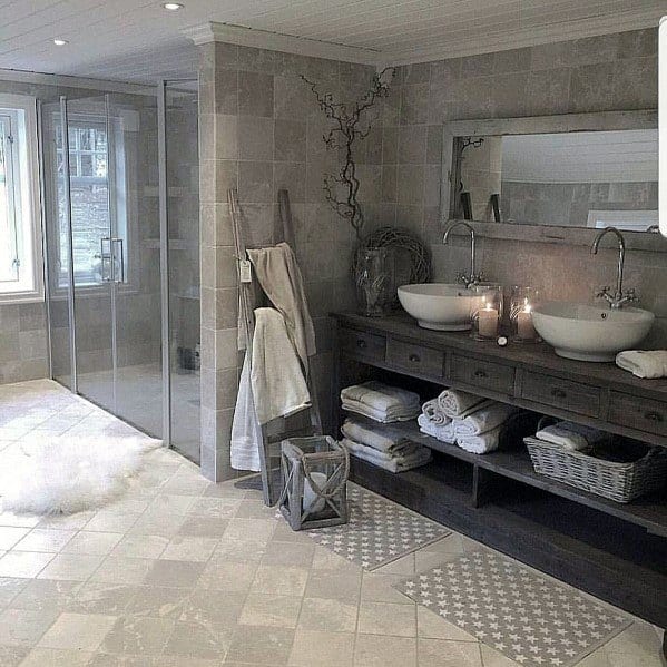 large gray tile master bathroom 