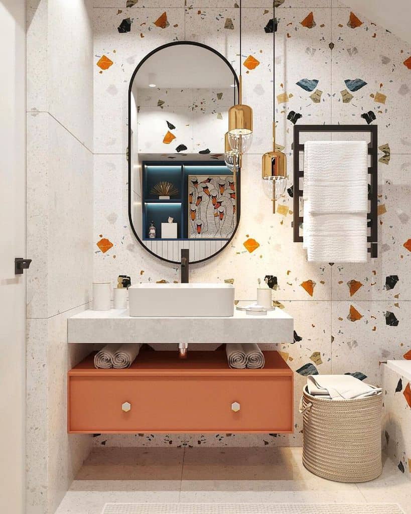 colorful wall tiles modern kids bathroom pendant lights floating orange vanity white sink