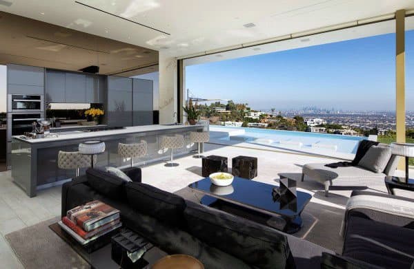luxury living room with kitchen and city view