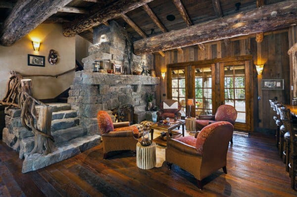 rustic wood living room stone fireplace 