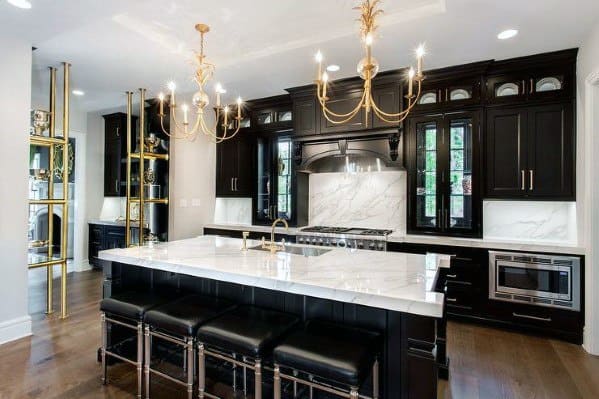 elegant modern kitchen black cabinets marble countertop and splashblack gold chandeliers