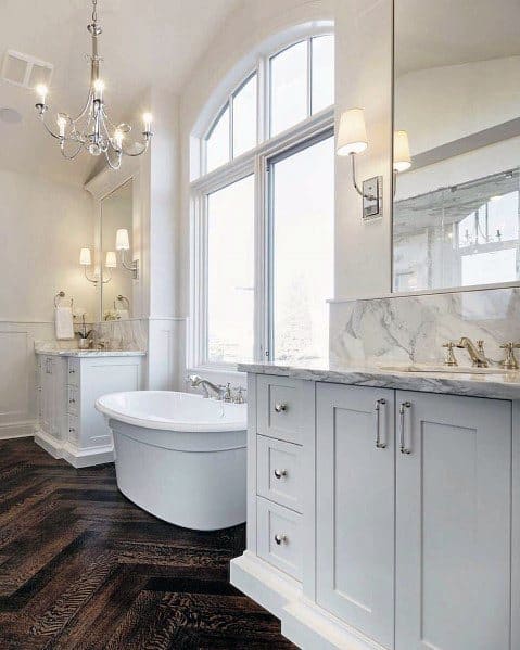 large elegant white master bathroom 