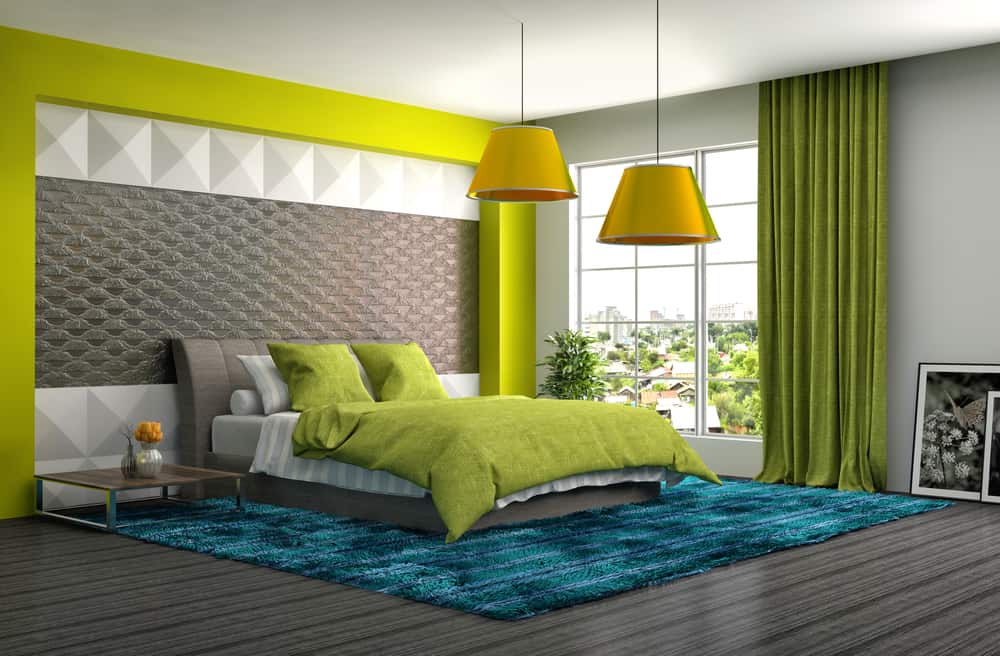 lime green bedroom curtains bed spread and border blue floor rug