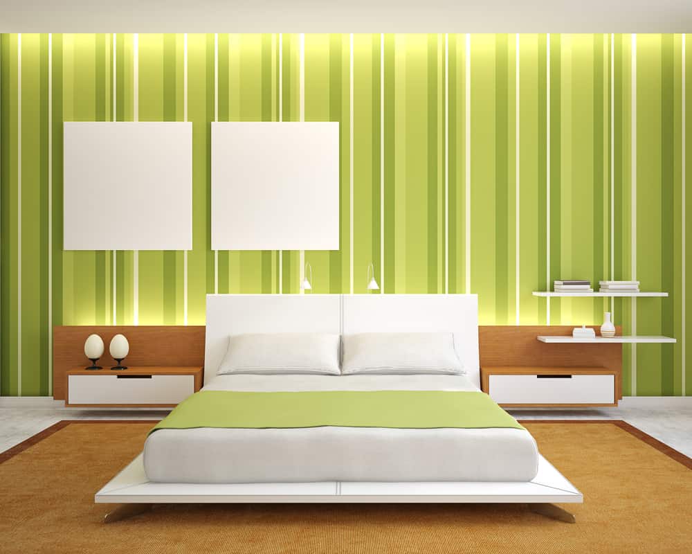 striped green and white accent wall vintage bedroom platform bed