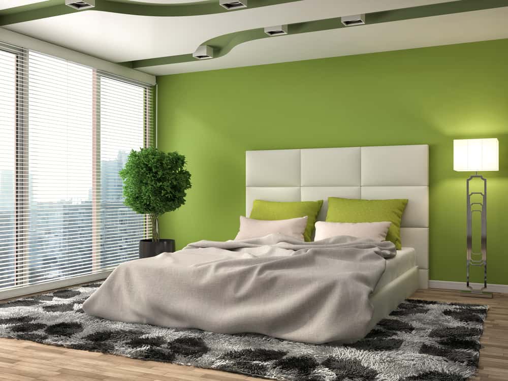 apartment bedroom green feature wall shrub lamp 