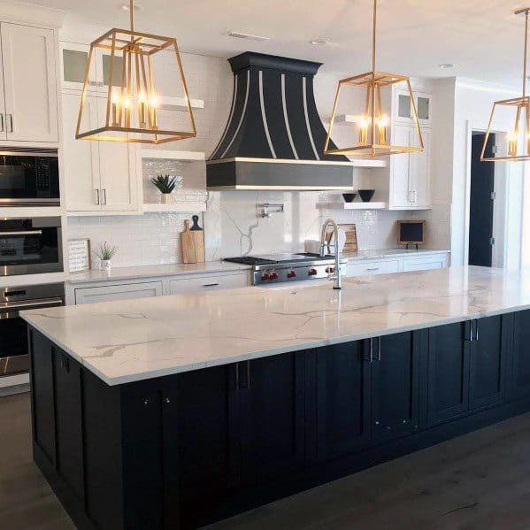 kitchen island lighting with gold accents 