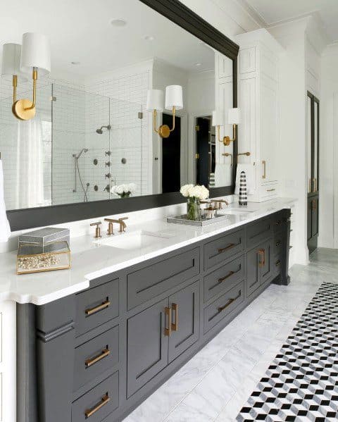 gray cabinet vanity with large mirror 