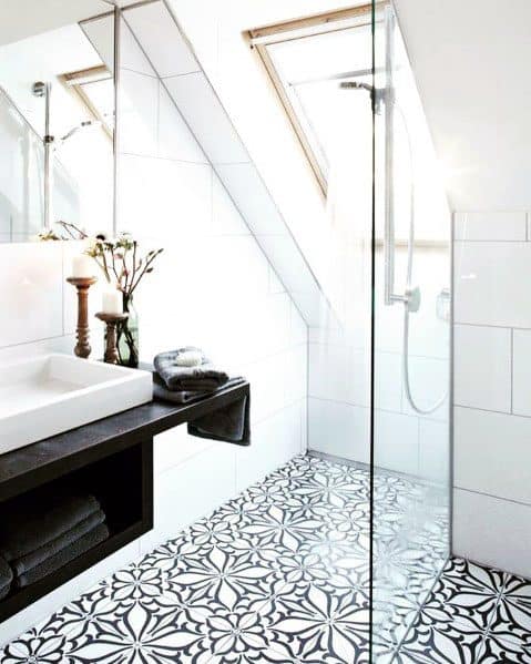 attic bathroom pattern tiles black vanity