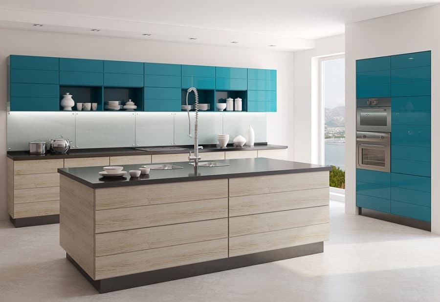 modern kitchen with blue cabinets concrete floor and wood panel island 