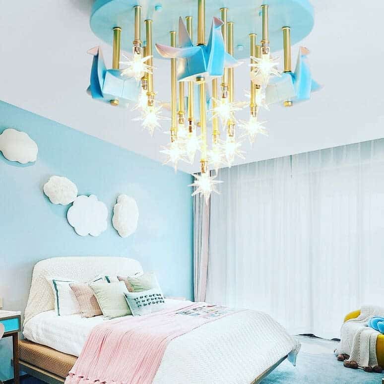 blue kids room clouds wall art chandelier