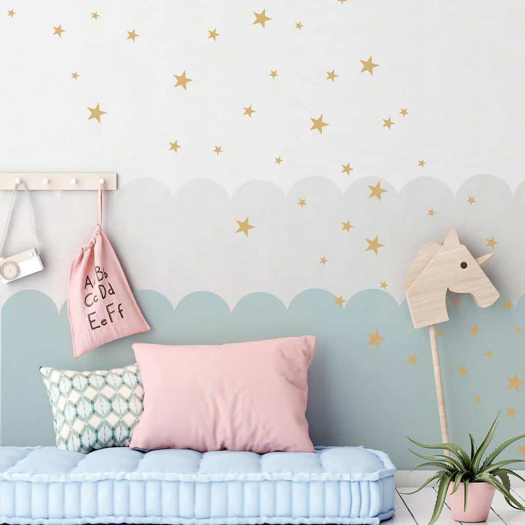 kids bedroom star wallpaper pink potted plant