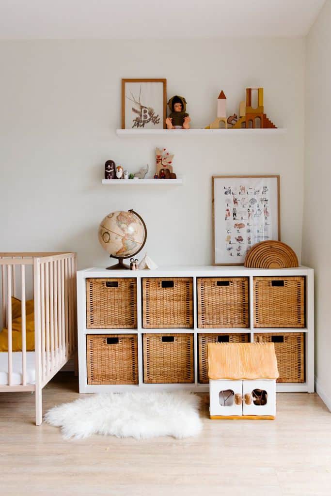 kids room wicker basket storage wood crib