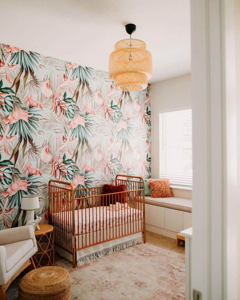 kids baby room floral wallpaper copper crib