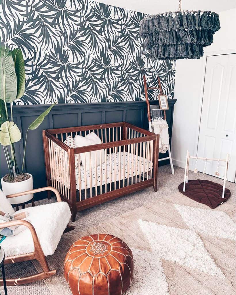 kids boho bedroom gray plant wallpaper wood crib