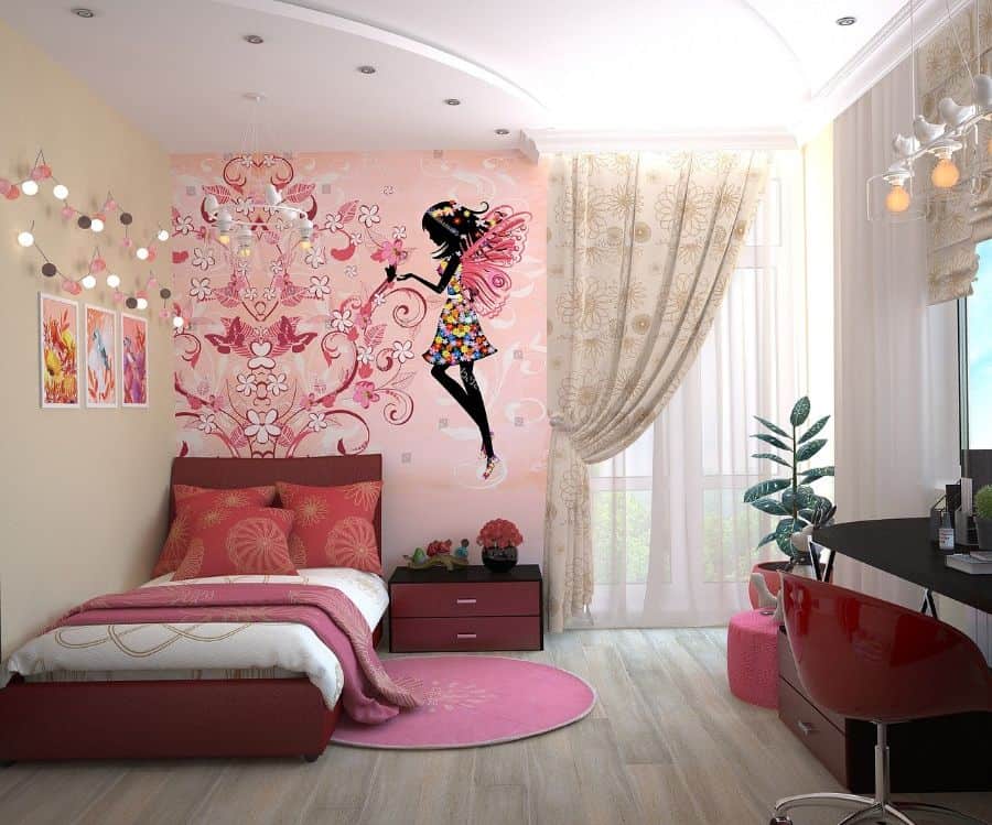 pink girls room fairy mural hanging lights black desk red chair 
