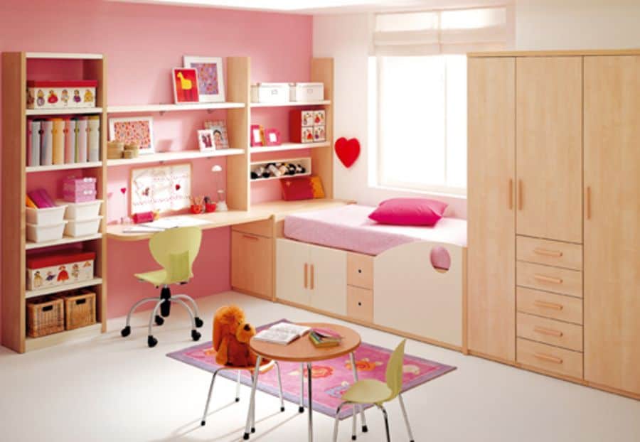 girls bedroom pink walls wood cabinets table and chair set
