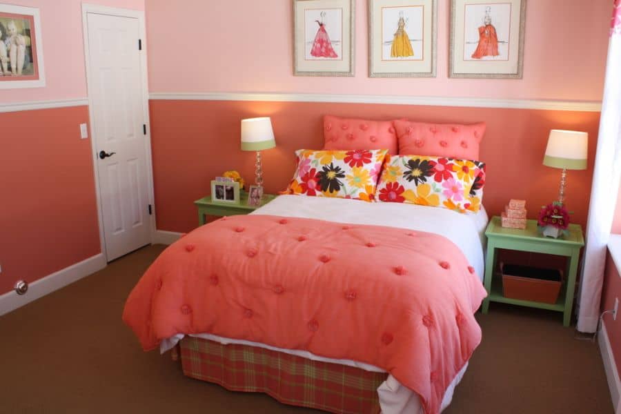two tone pink and orange bedroom colorful bedspread green side tables 