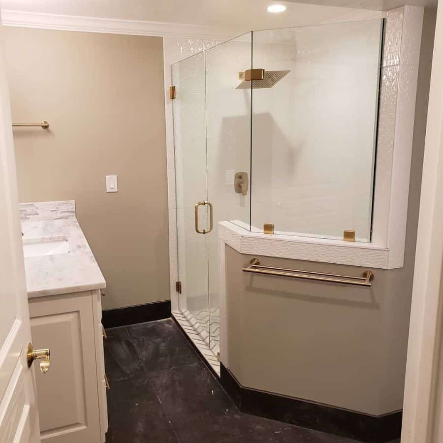 large shower in beige bathroom