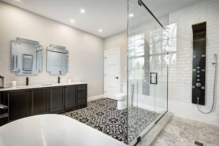 large bathroom with tub and shower