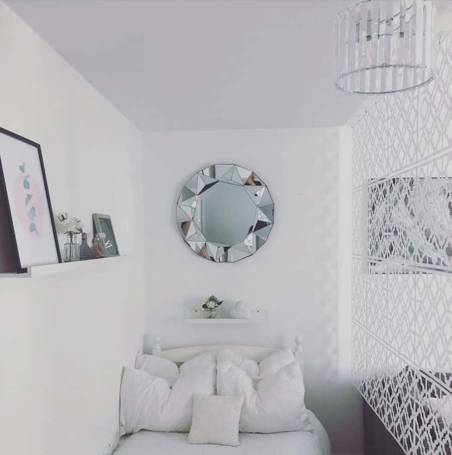 small white bedroom circular wall mirror