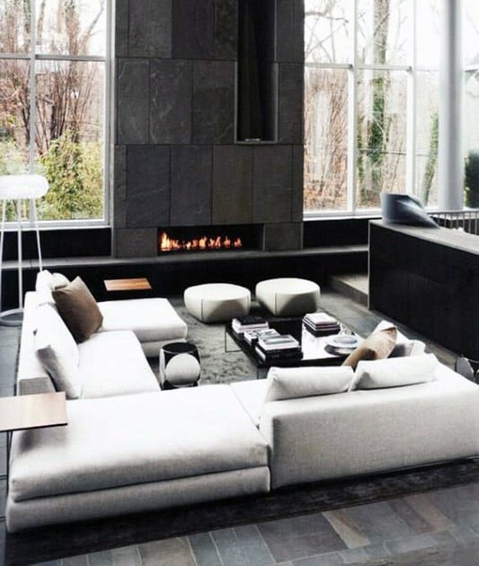 modern luxury living space white couch electric fireplace 