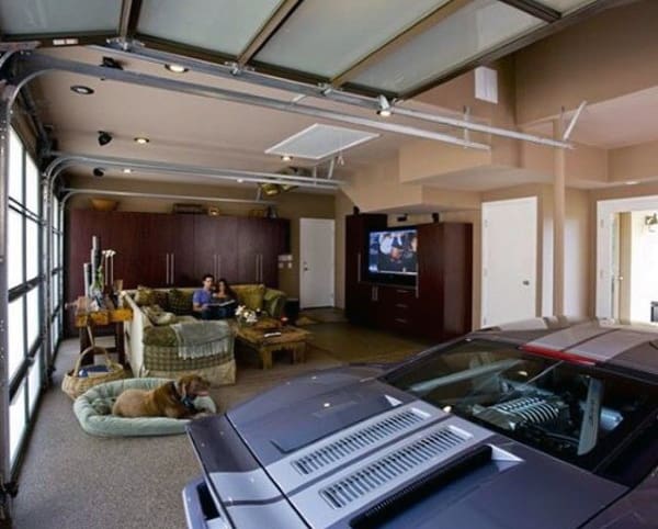man cave garage with couches 
