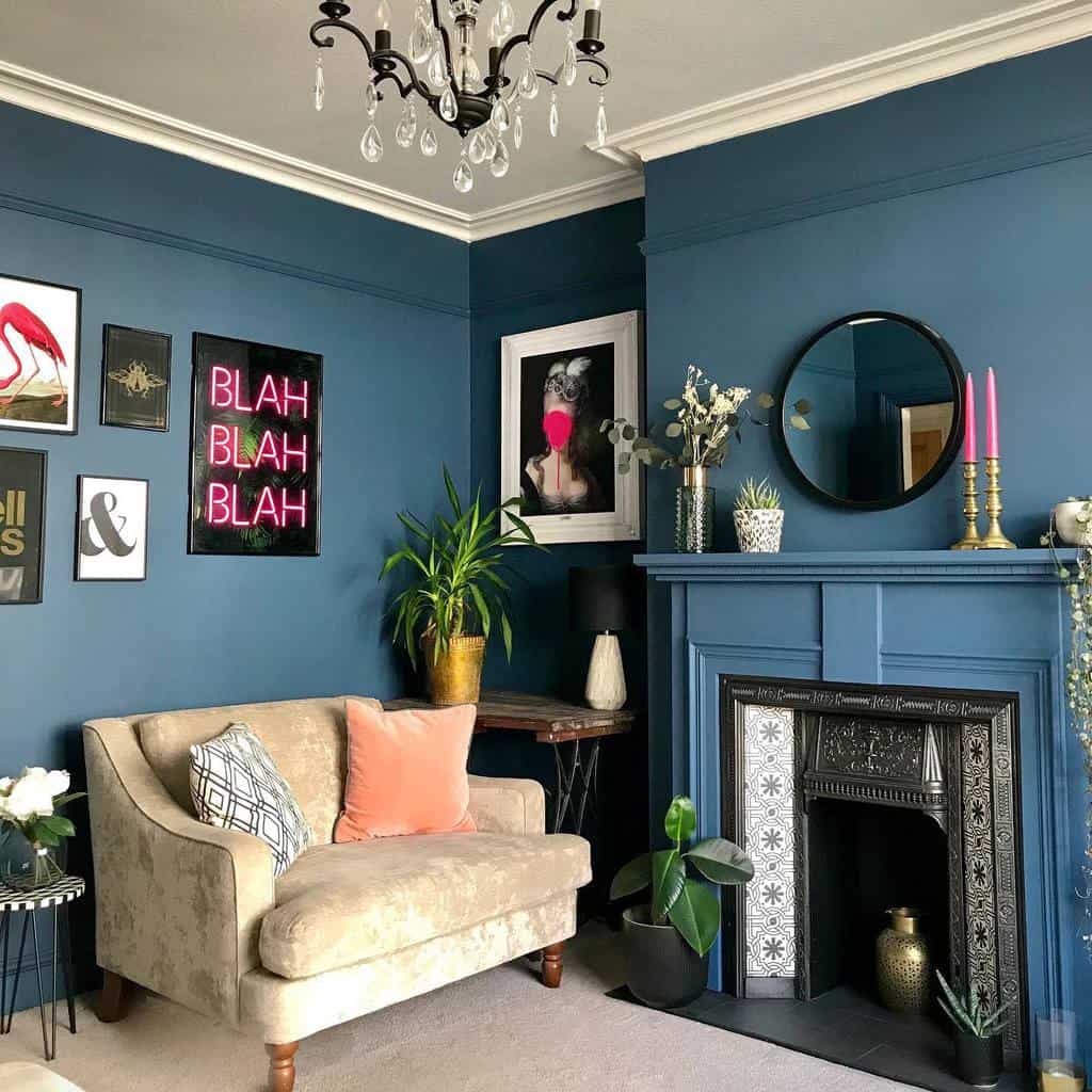 blue living room decorative fireplace wall mirror sofa chair pink candles 