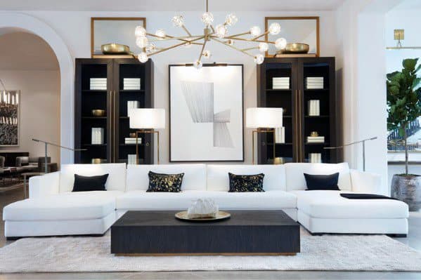 white sofa black glass cabinets sputnik chandelier