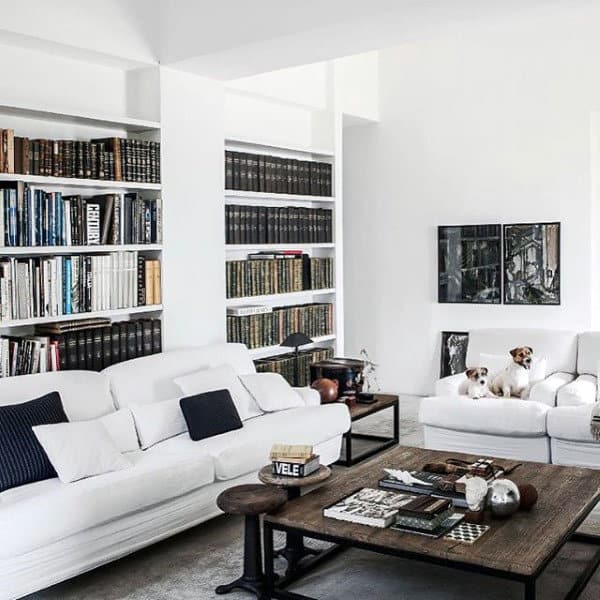 luxury living room white ssofa brown wood panel coffee table bookshelf 