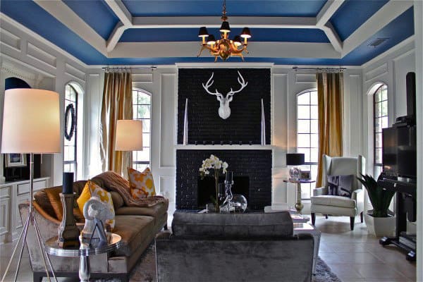 luxury living room gray sofas blue roof chandelier