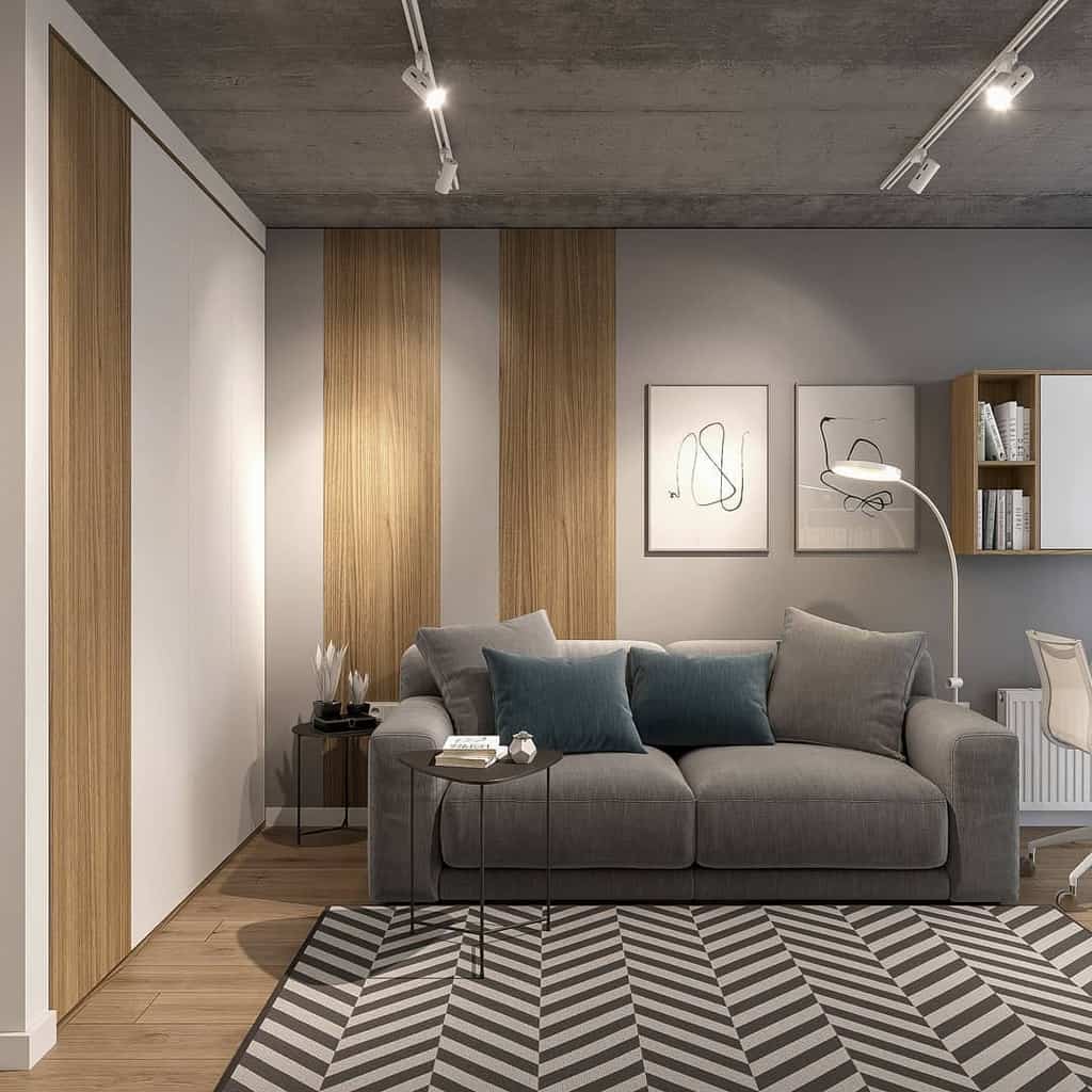 modern living room wood wall paneling gray sofa 