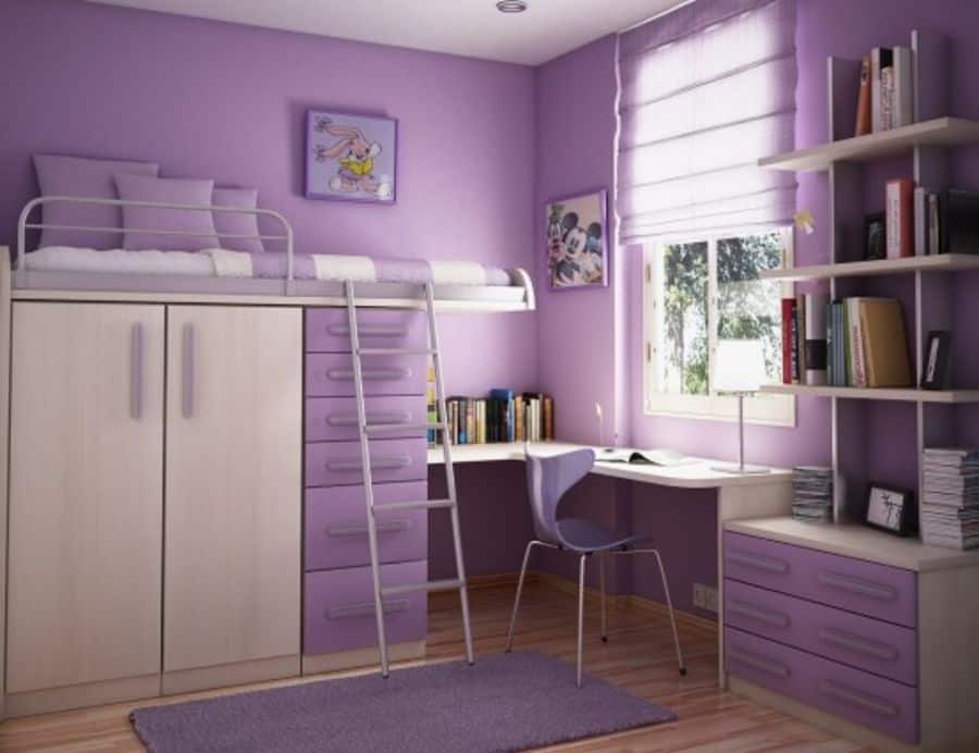 purple bedroom loft bed cabinets underneath corner desk 
