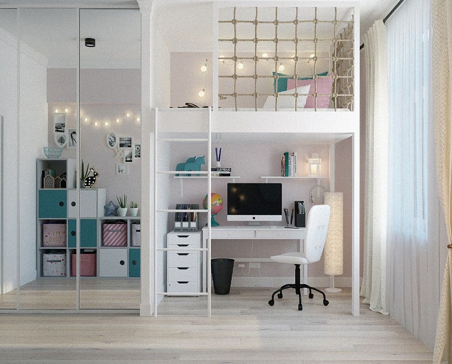 modern loft bedroom white computer desk mirror wardrobe 