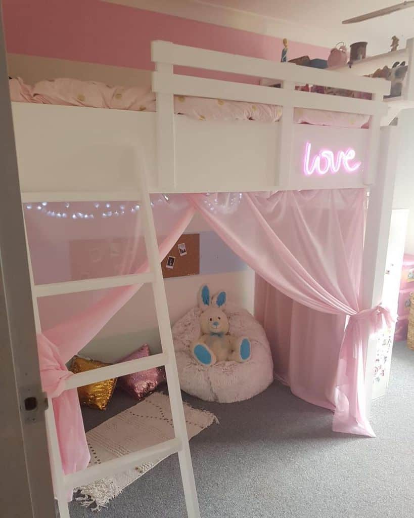 white loft bed pink bedroom gray carpet