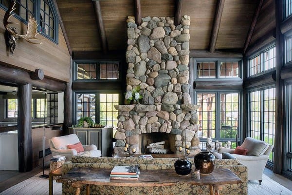 log cabin sunroom stone fireplace
