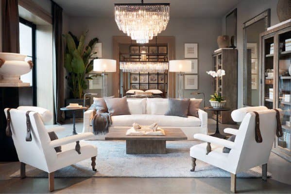 luxury living room white sofa and lounge chairs glass chandelier