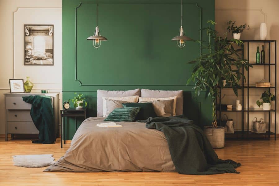 modern luxury bedroom green feature wall black storage unit gray cabinet