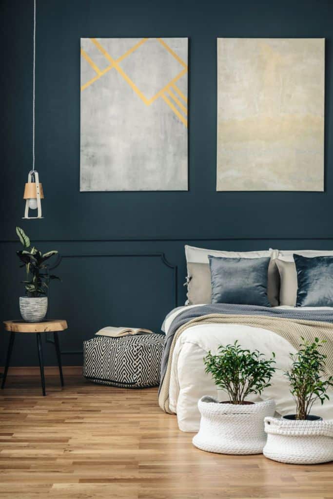blue bedroom abstract wall art timber floor