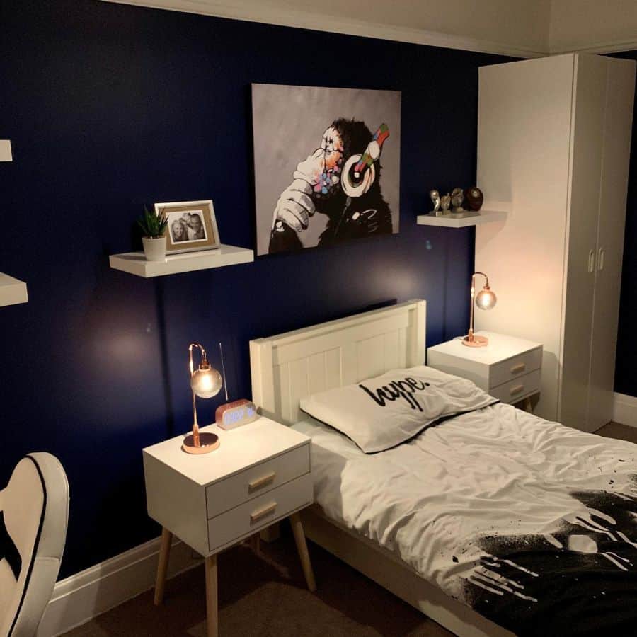 modern kids single bedroom wall shelves and art white furnishings