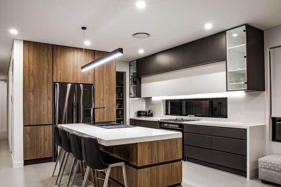 luxury kitchen black and wood cabinets 