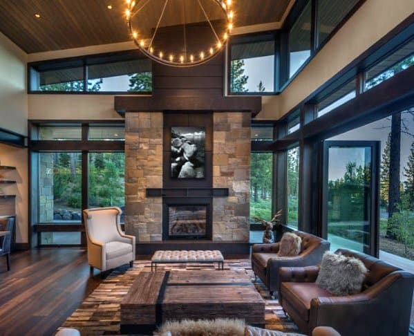 elegant living room stone fireplace brown lounge rustic 