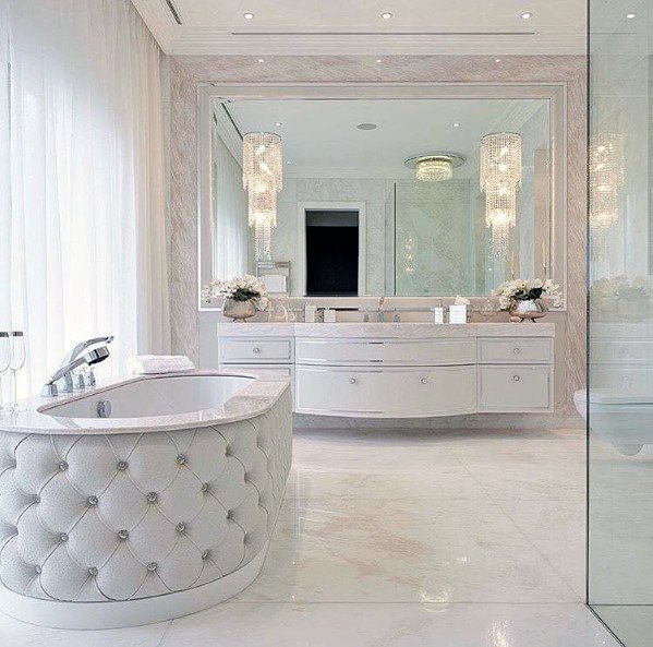 luxury bathroom freestanding bathtub marble floor large mirror chandeliers