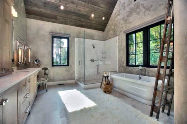 country style gray master bathroom with wood panel roof
